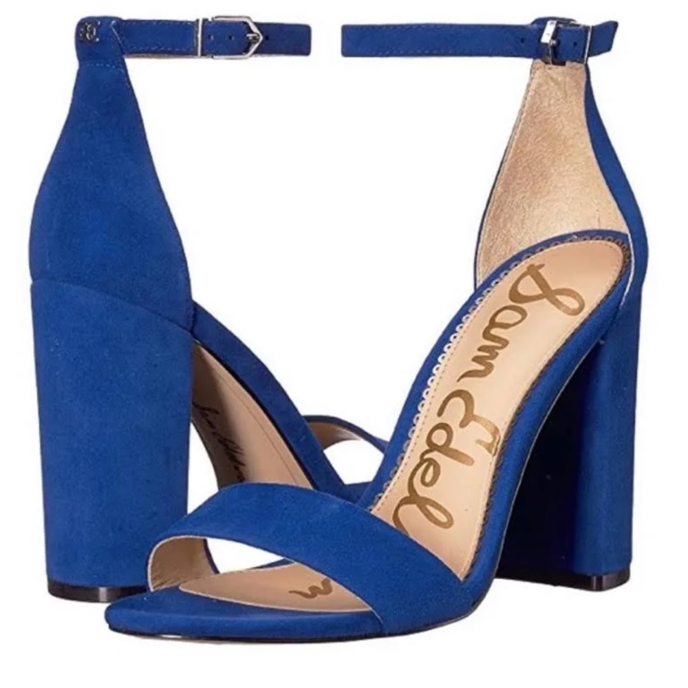 Sam Edelman Blue Suede Yaro Ankle Strap Block Heel Sandals Size 8.5